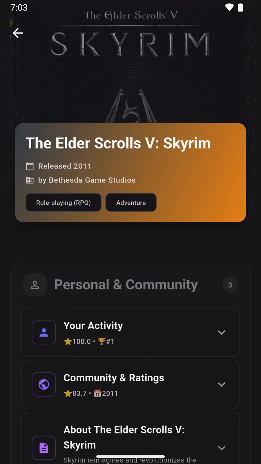 Spieldetails mit Bewertungen der Community
