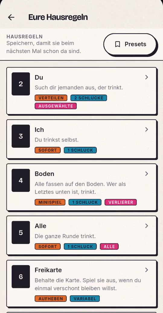 Hausregeln für die Kings-Cup-Karten, jede Karte mit eigener Regel