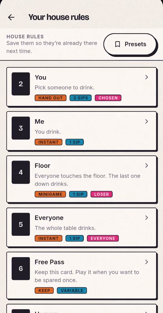House rules for the Kings Cup cards, each card with its own rule